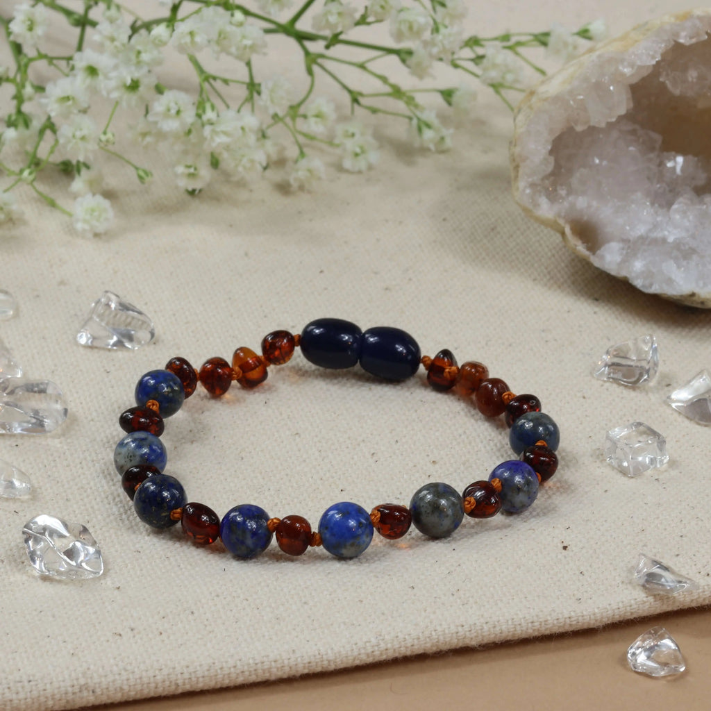 Barnsteen armband dames cognac – lapis lazuli