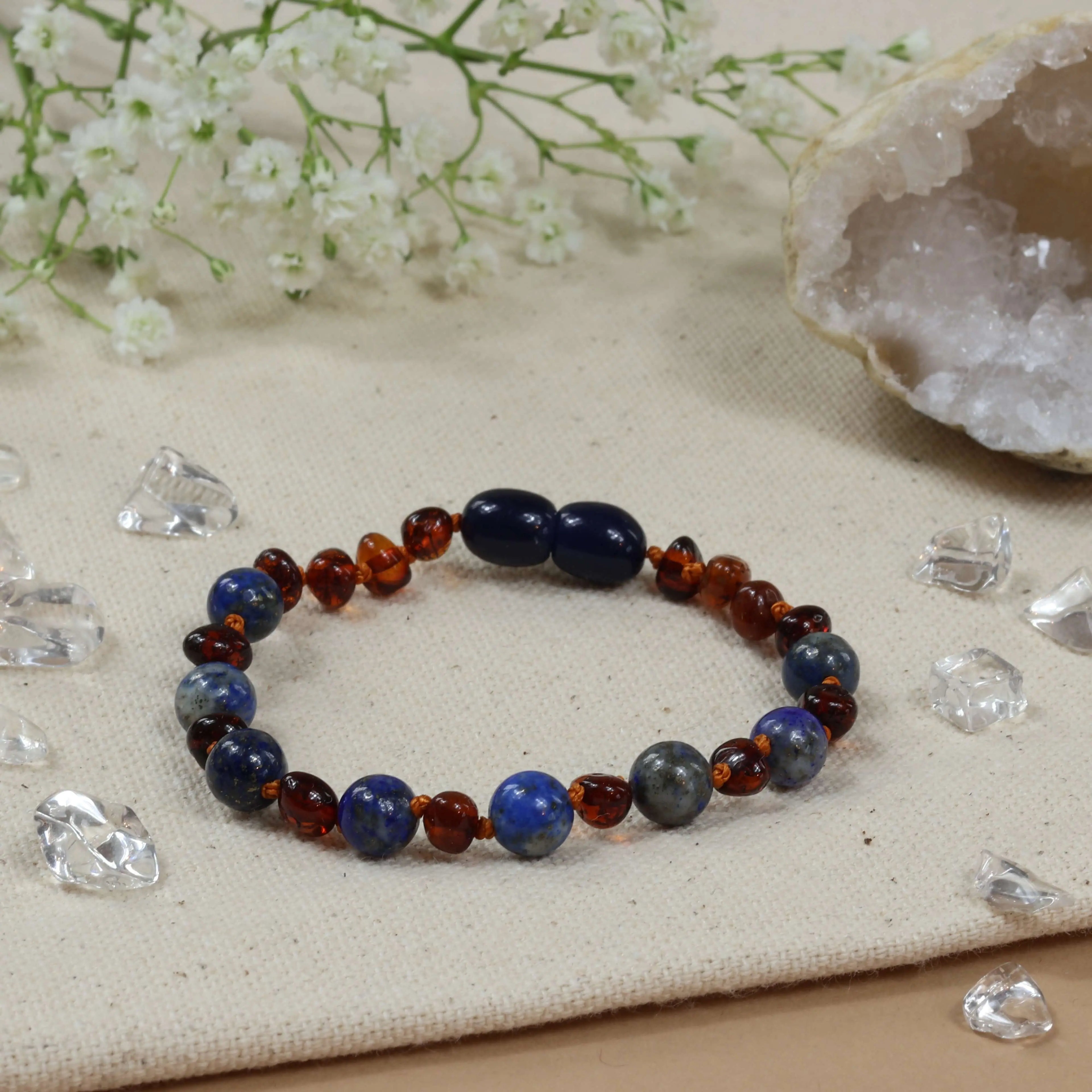 Barnsteen armband dames cognac – lapis lazuli