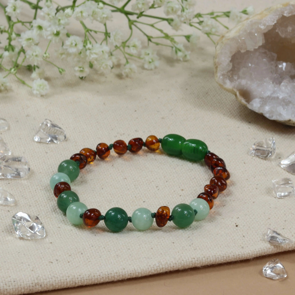 Barnsteen armband kind cognac - green jade