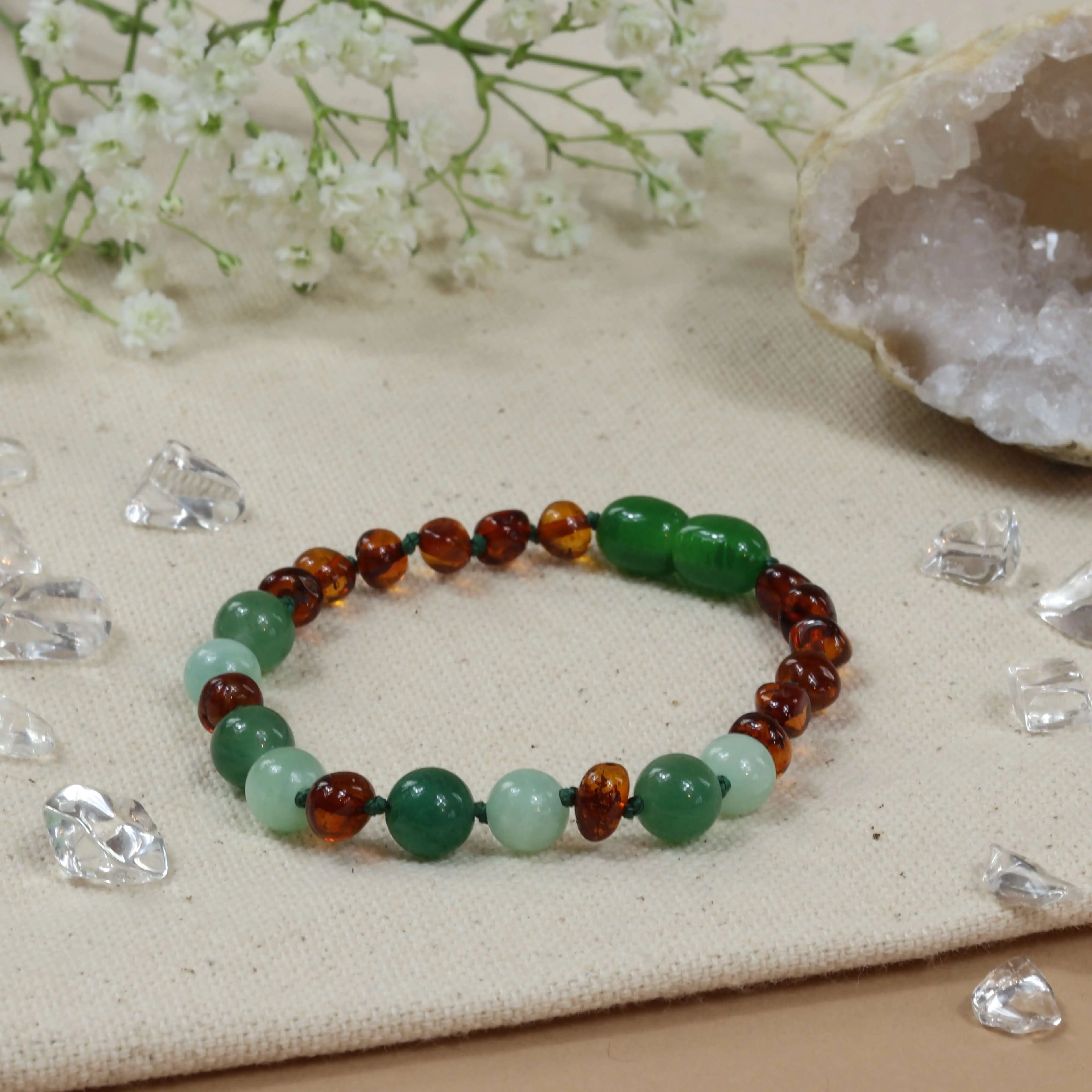 Barnsteen armband kind cognac - green jade