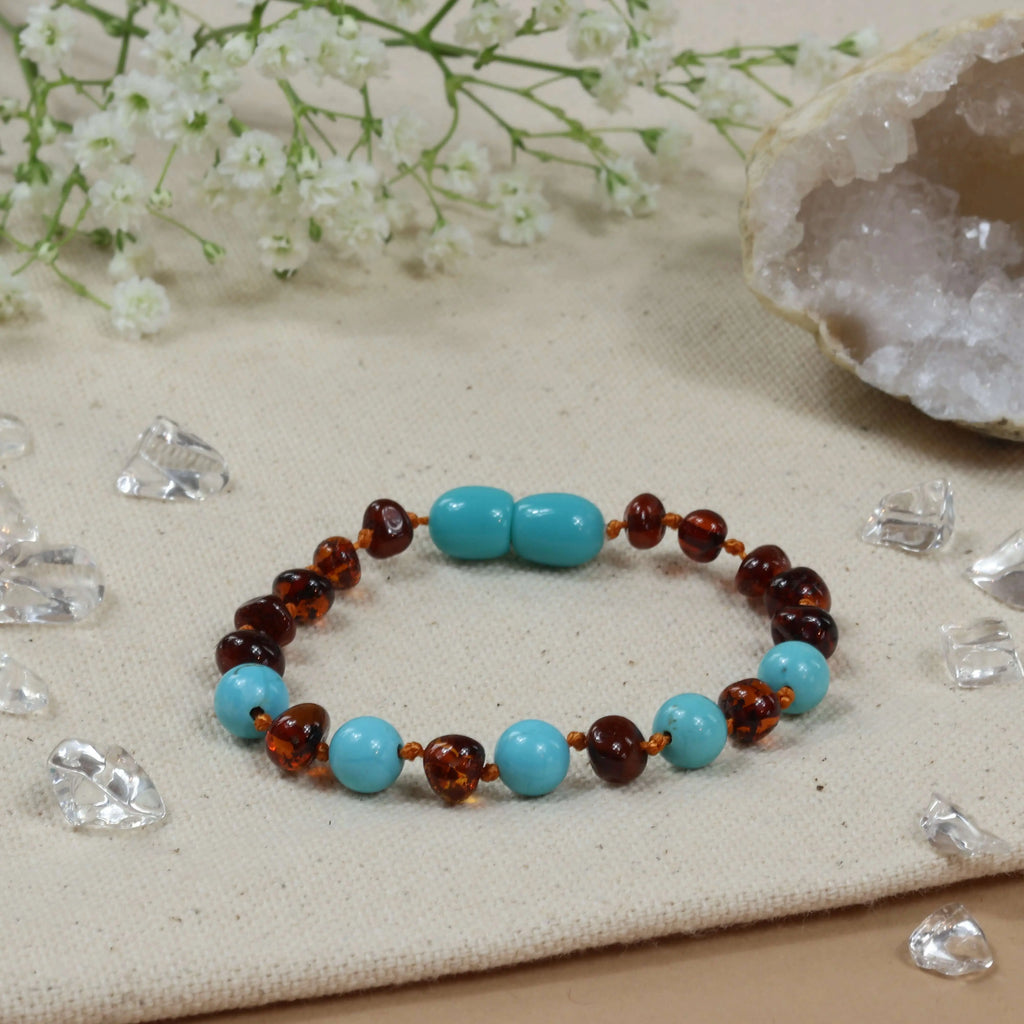 Barnsteen armband baby/peuter cognac - turquoise