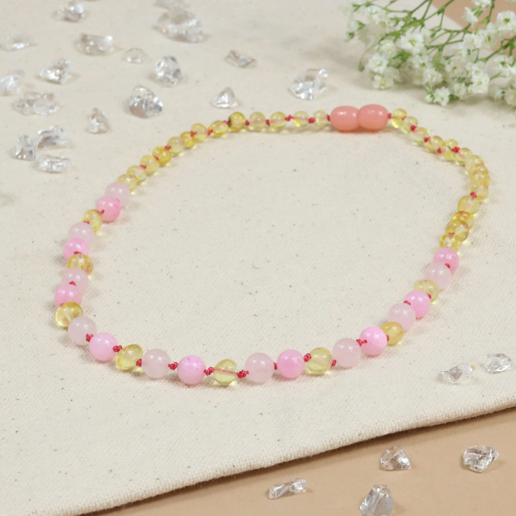 Barnsteen ketting baby/peuter lemon, rose quartz, pink jade
