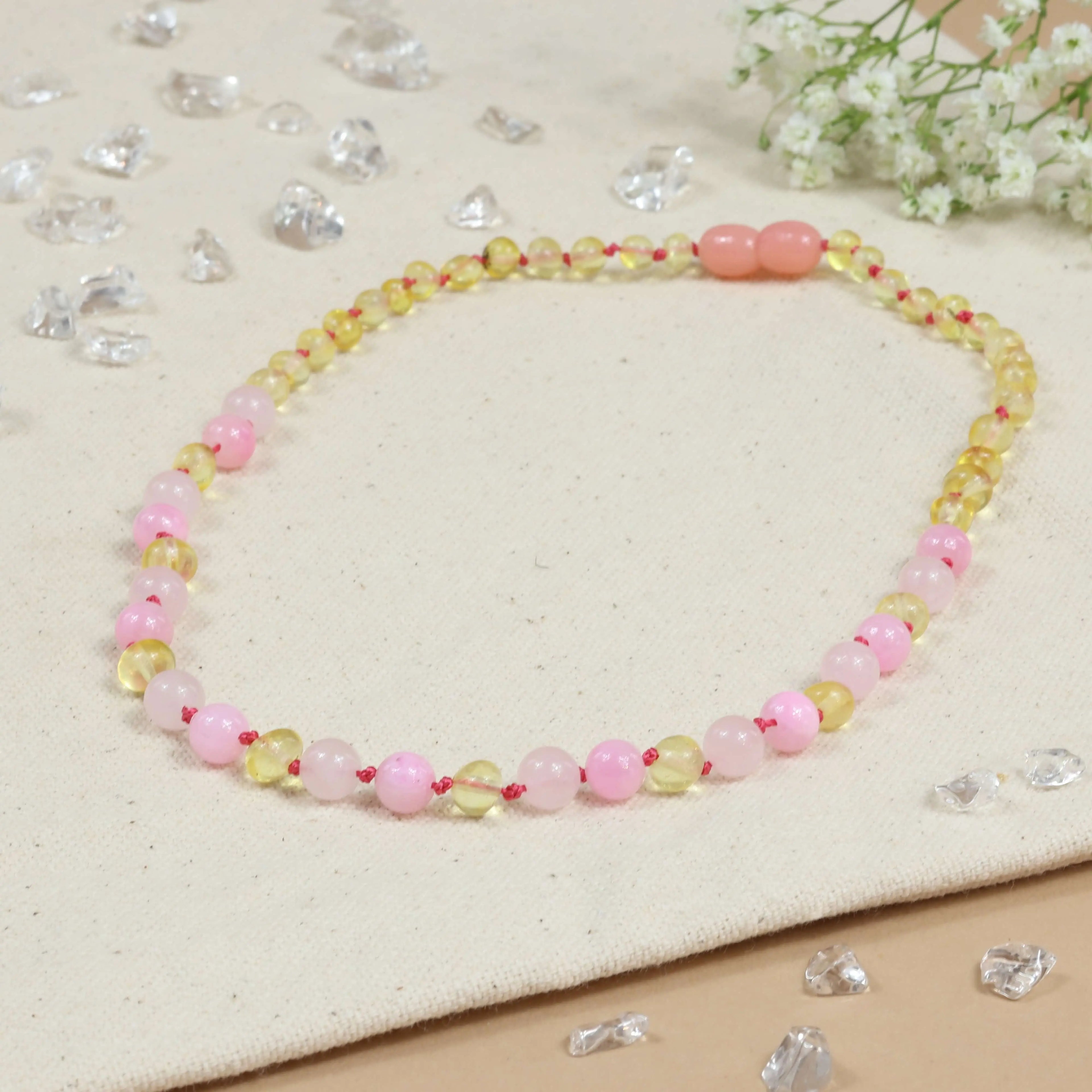 Barnsteen ketting baby/peuter lemon, rose quartz, pink jade